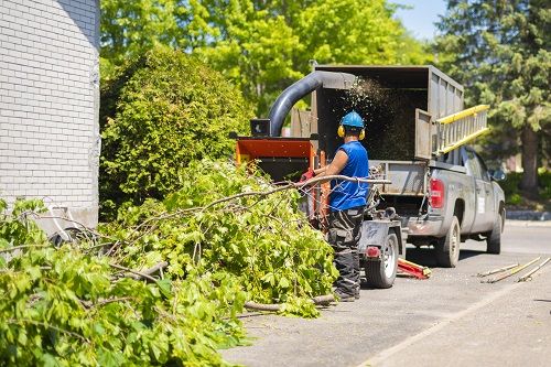 Worker feeding branches into a wood chipper on a residential street